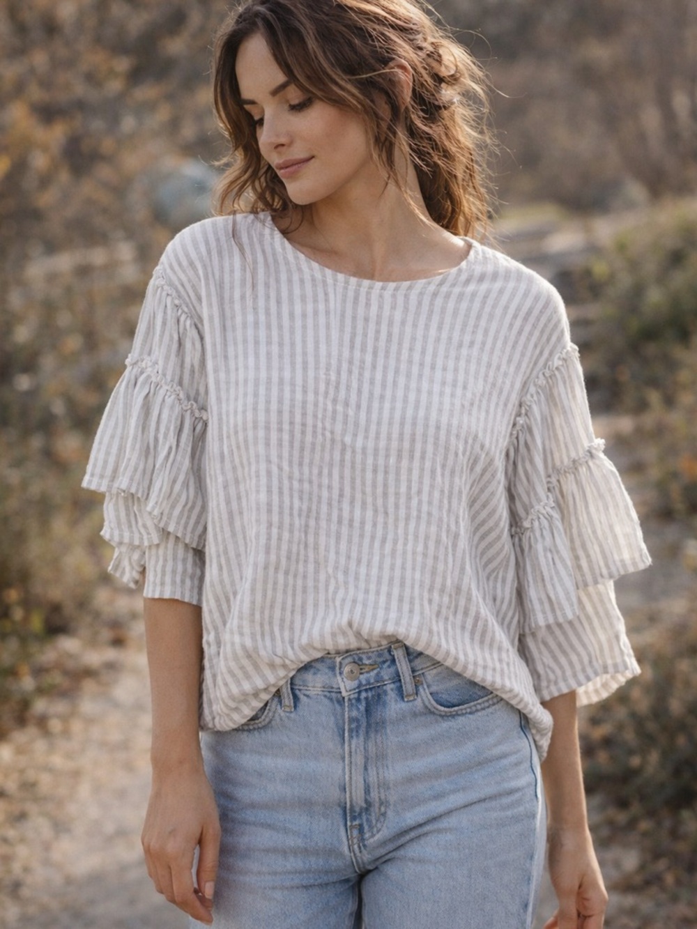 Gray Striped Ruffle Sleeve Flowy Top - Picture 3 of 7